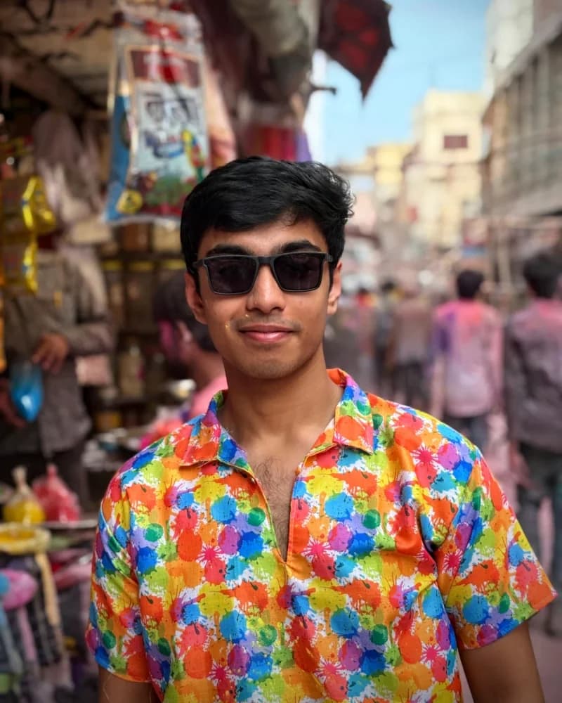 Trishit in a colourful shirt in Mathura Vrindavan